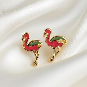 Minicci Flamingo Stud Earrings – Gold-Trimmed Pink & Yellow Enamel, Nickel-Free